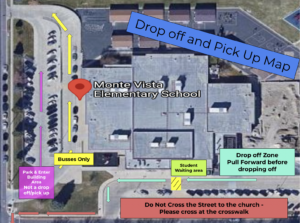 Map of Parent Drop off and Pick up. Red Zone "Do not cross the street to the church. Please cross at the crosswalk." Yellow zone "Busses only." Green zone "Student waiting area". Teal zone "Drop off before pulling forward"