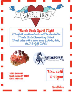 Come join us at @wafflelove on November 14th from 5:00-10:00 p.m.

Mention that you are there for Monte Vista Spirit Night and 10% of the sale will be donated to Monte Vista Elementary!